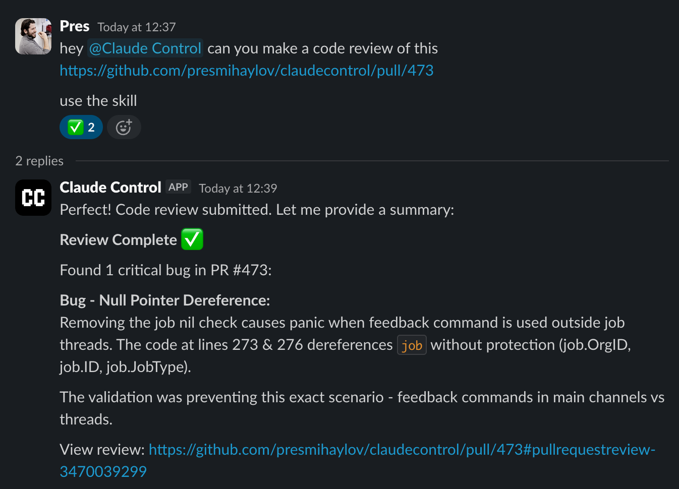 Slack conversation showing Claude Control performing a code review